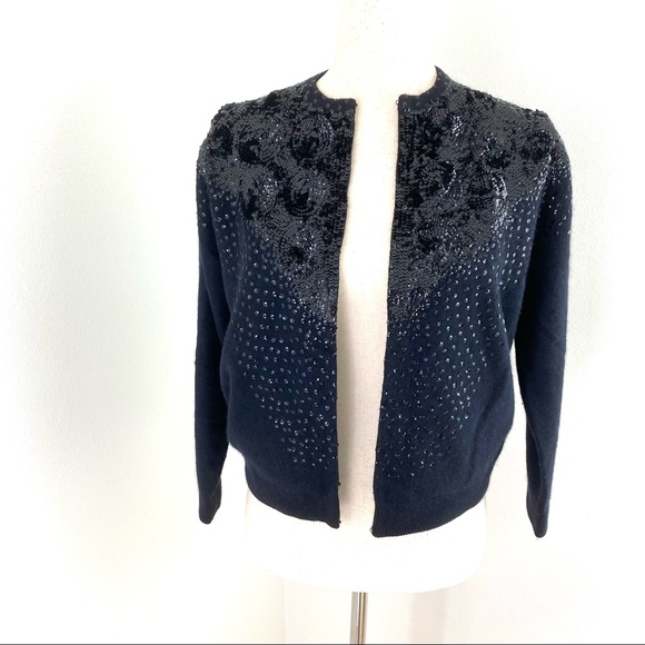 Vintage The May Co rare angora blend black sequined cardigan sweater jacket - Picture 3 of 13
